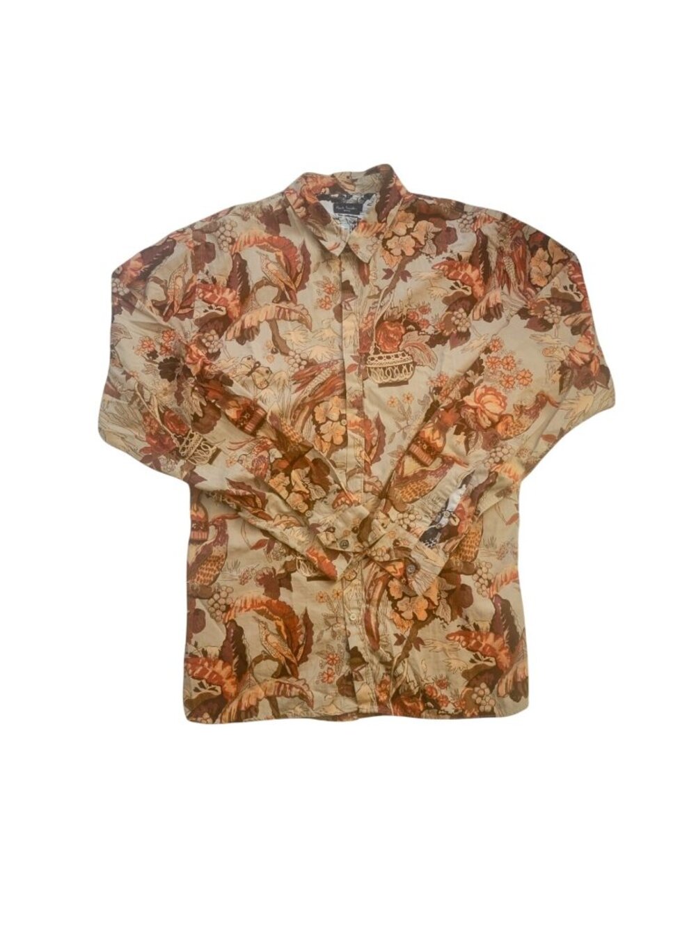 Paul Smith Jeans Mens Floral Bird Graphic Shirt Slim Fit Brown Orange XL